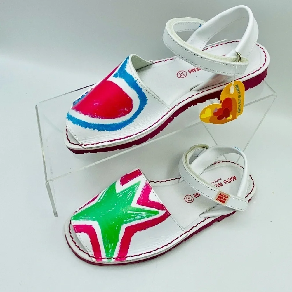 Agatha Ruiz De La Prada White Kids Sandals with Pink, Green & Blue Accents